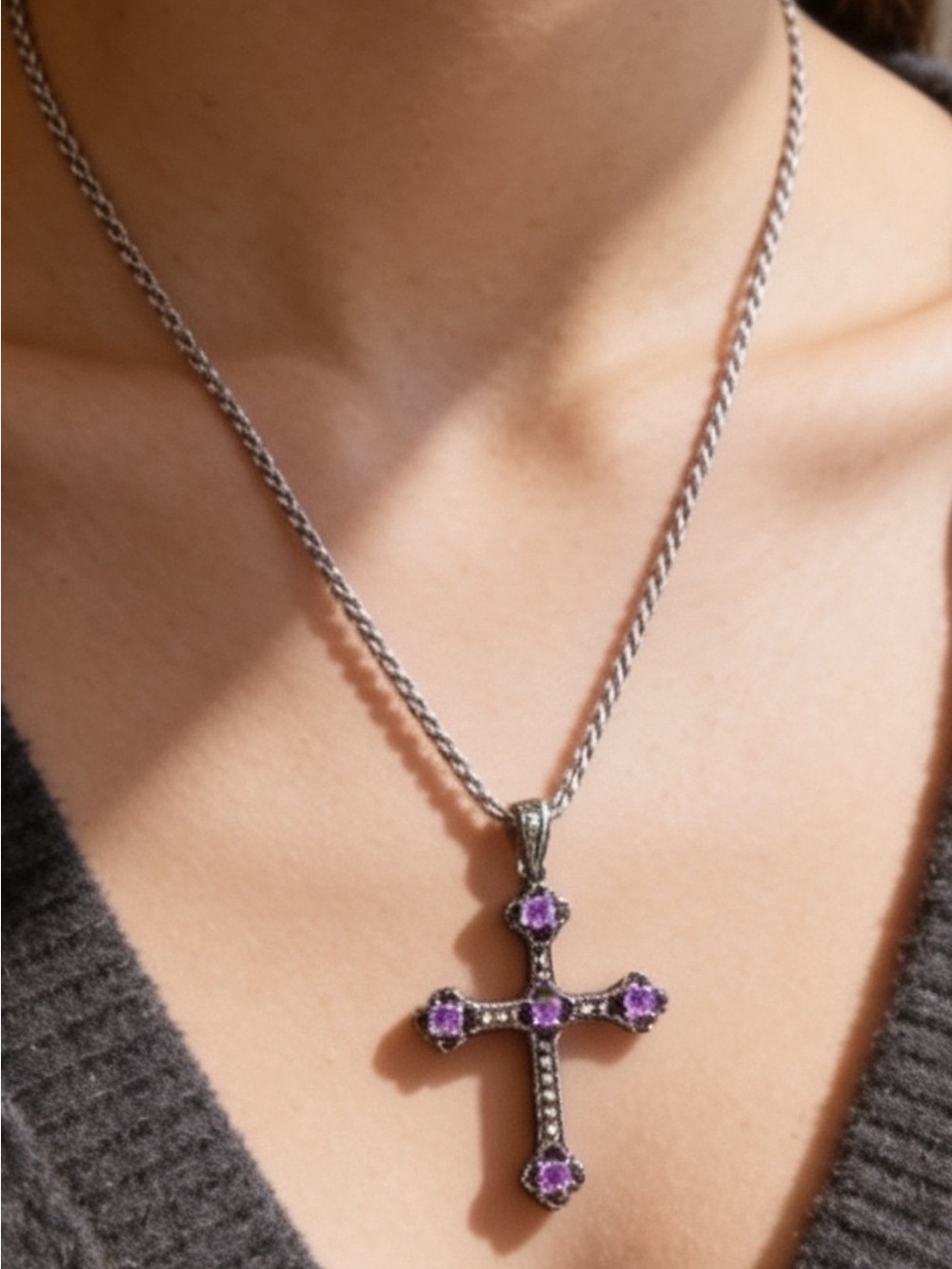 FAS Sterling Silver Chain Cross Necklace with Amethyst Stones